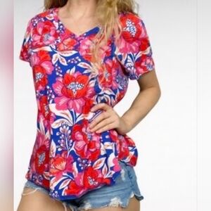 Sigrid Olsen •Size 1X•  V-neck 100% Cotton T-Shirt Tropical Floral Top